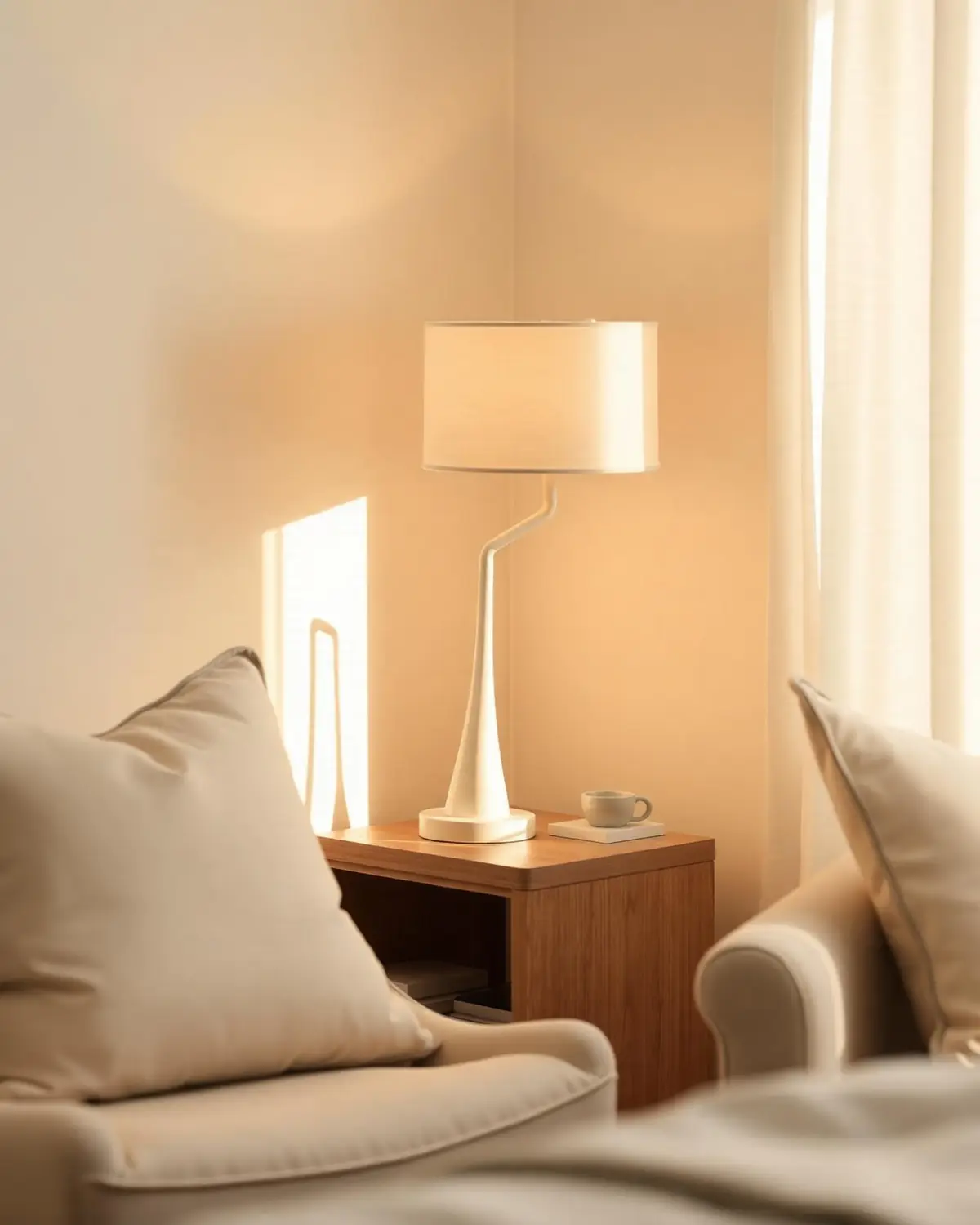 Sculptural table lamp on an oak side table in a warm, calm interior